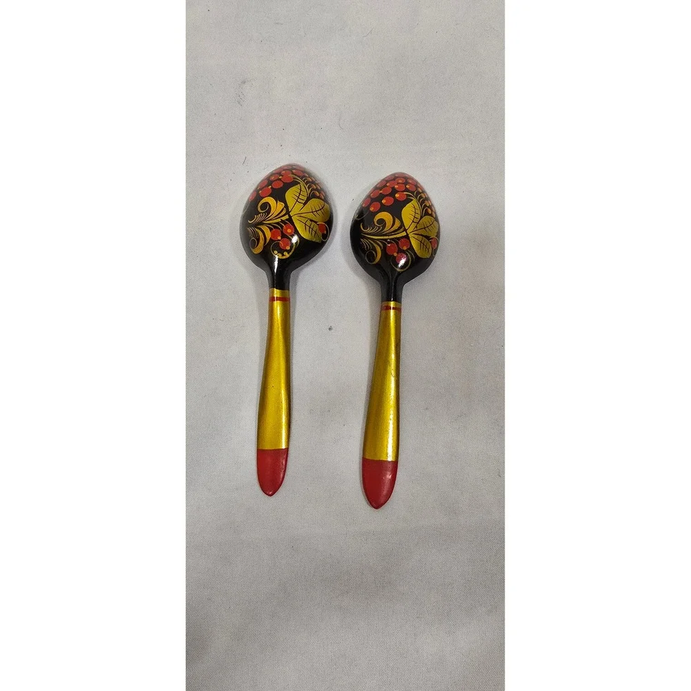 Vtg Russian Khokhloma hand-painted lacquer 2 wooden spoons & 2 lidded‎ container